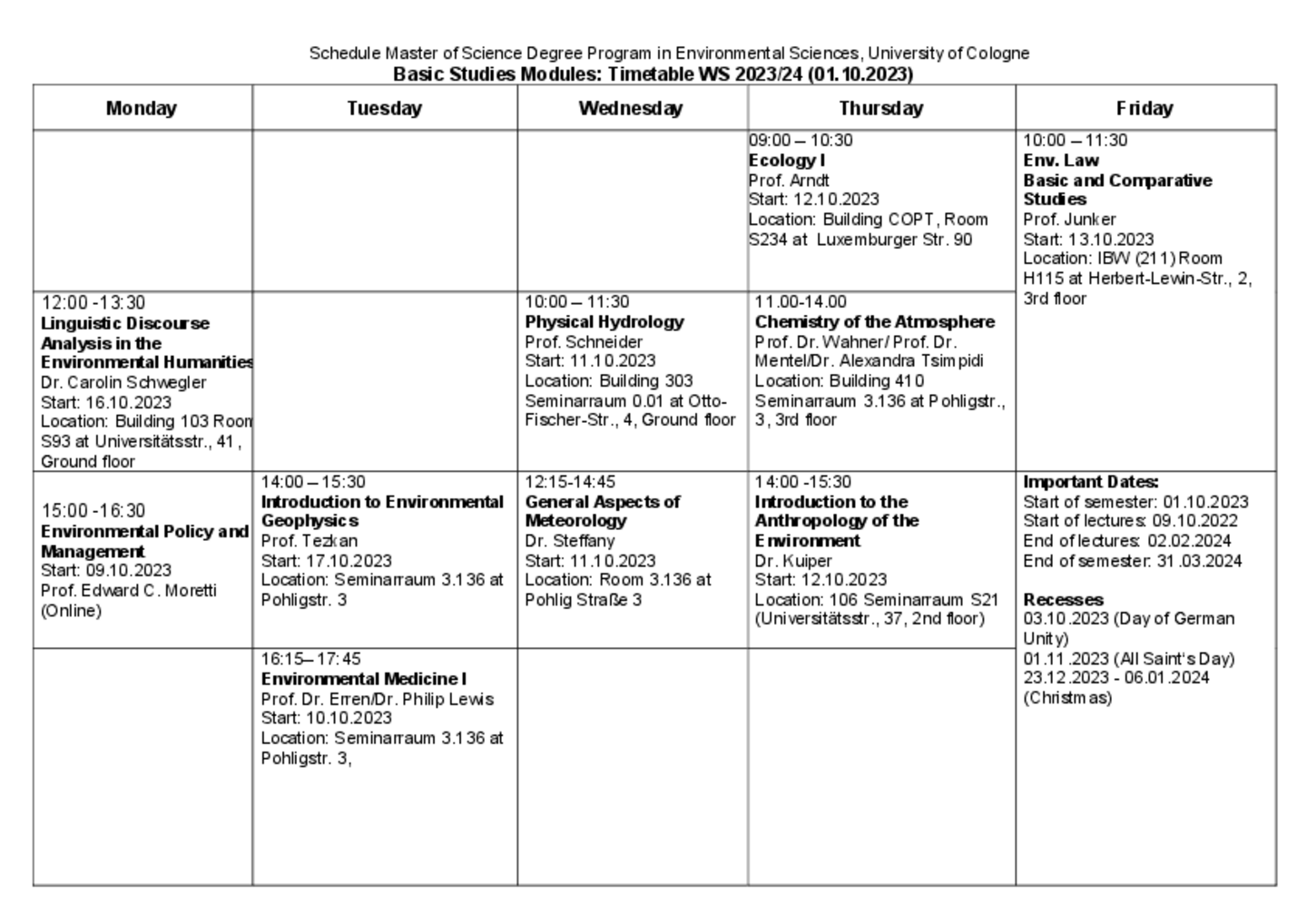 Semester Schedule